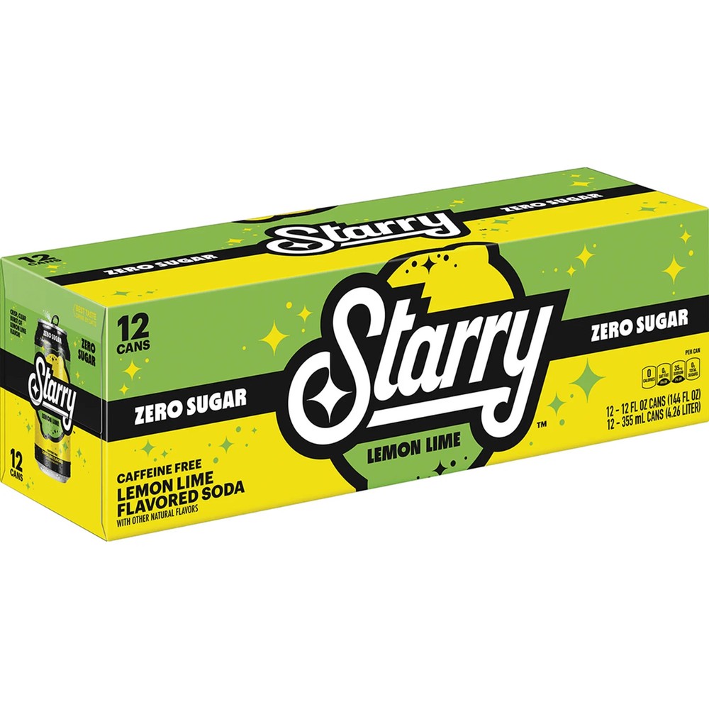Starry Zero Sugar Lemon Lime Soda Pop, 12 fl oz, 12 Pack Cans