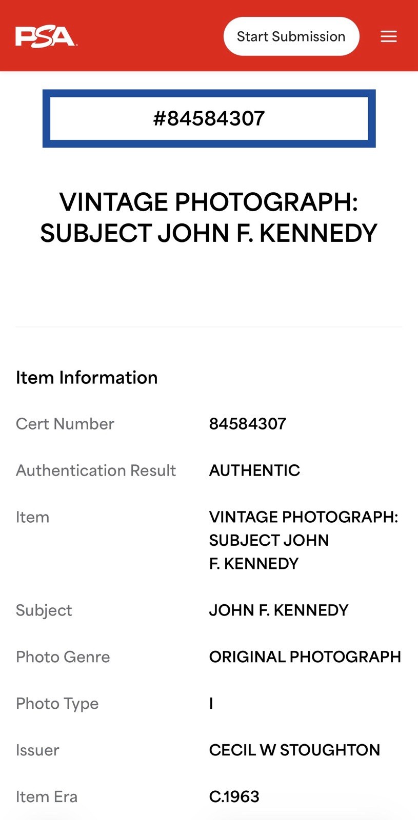 JOHN F. KENNEDY 1963 Opening Day Senators VS Orioles Type 1 5x5 Photo PSA/DNA🔥