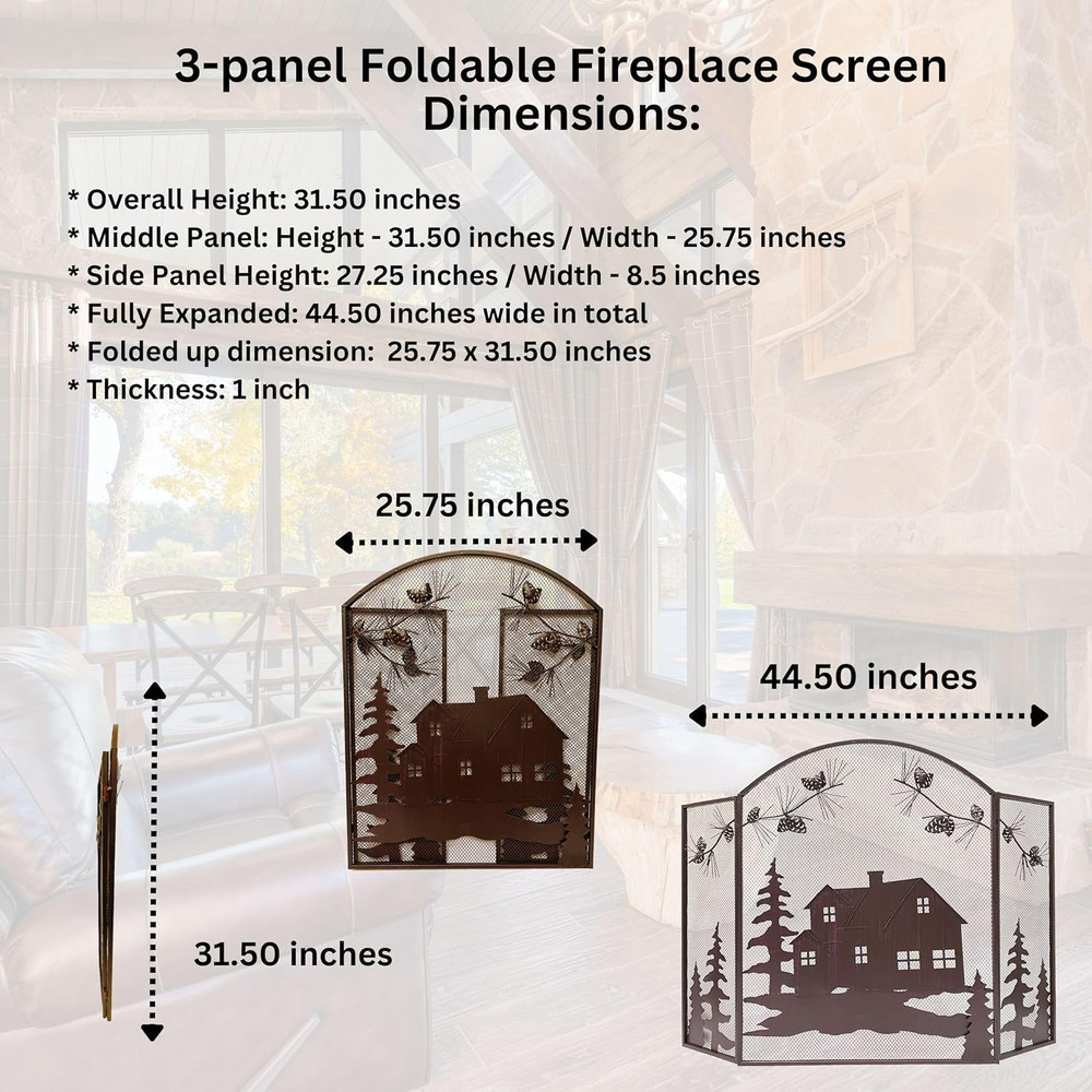 Rustic 3-Panel Fireplace Screen with Pine Cone Metal Mesh Design