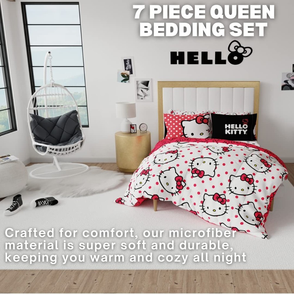 Hello Kitty 7 Piece Queen Size Bedding Set Microfiber Reversible Comforter