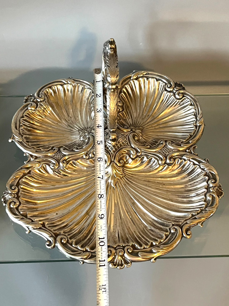 Antique Silver Plate Triple Shell Footed Serving Tray