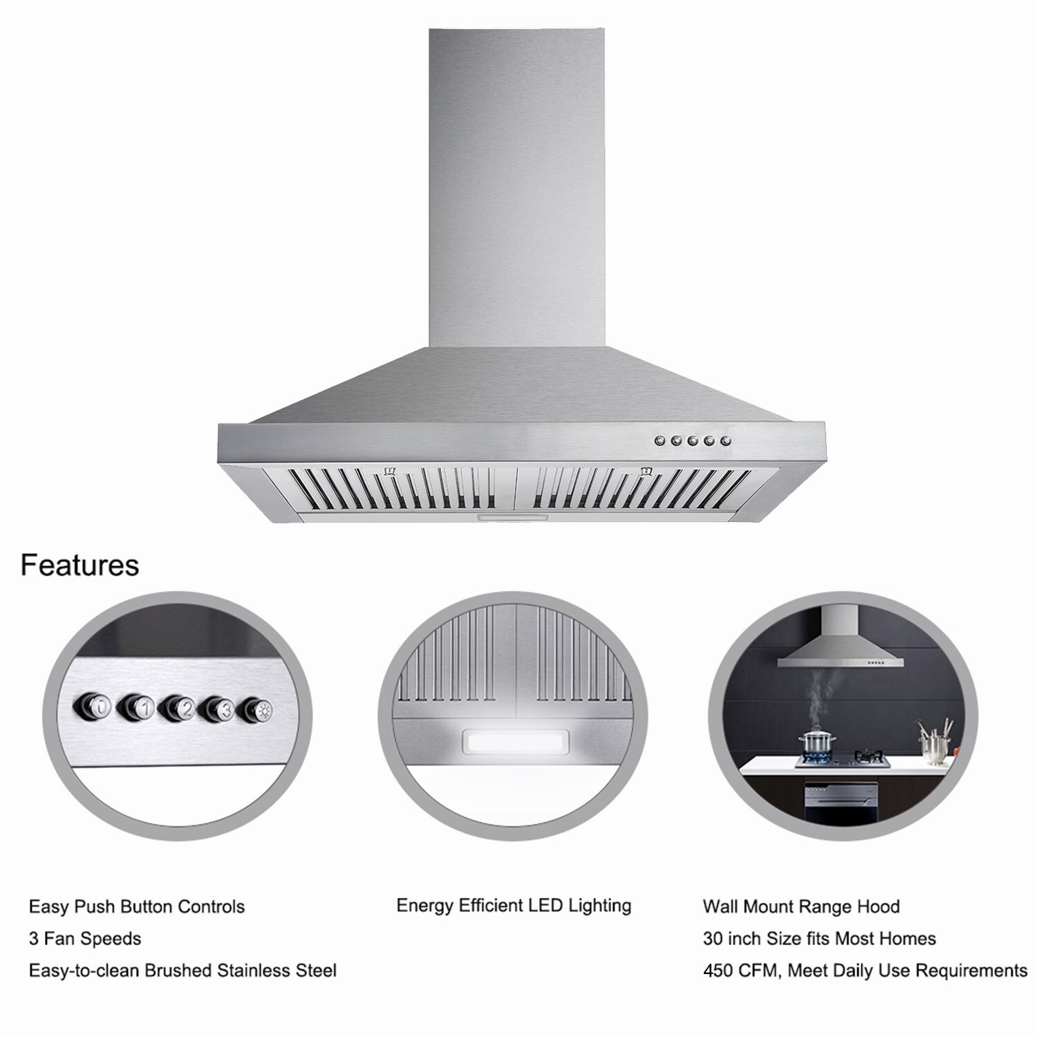 30" Wall Mount Range Hood Stainless Steel 450CFM Kitchen Over Stove Vent w/ LEDs