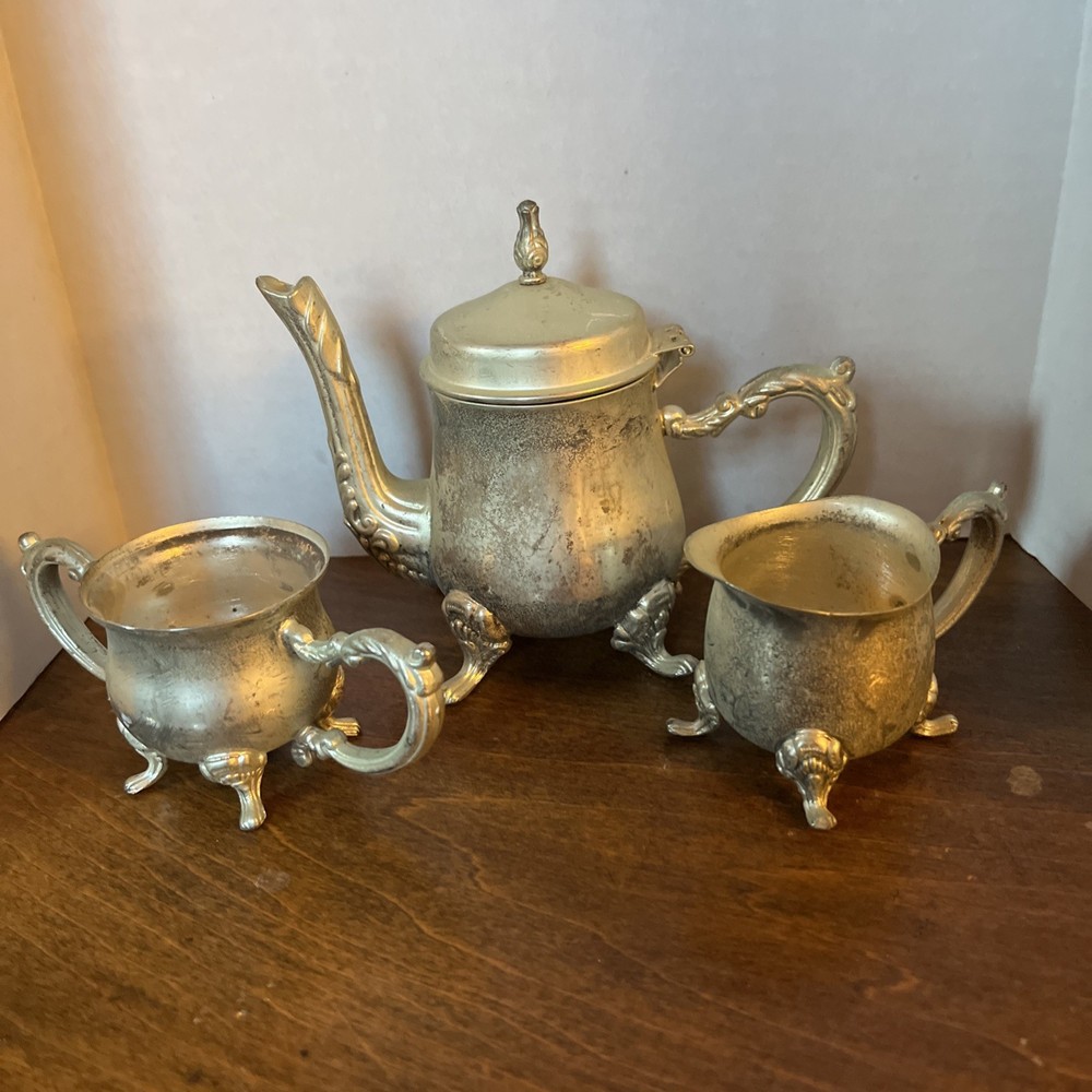 Vintage Set Of Godinger Silver Art Small Teapot Sugar And Creamer