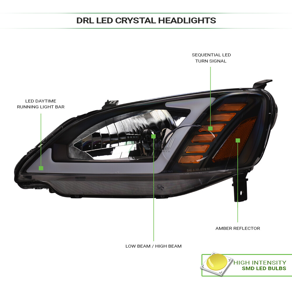 Topline For 2001-2003 Civic 2D/4D Switchback Sequential LED Strip Headlights Blk