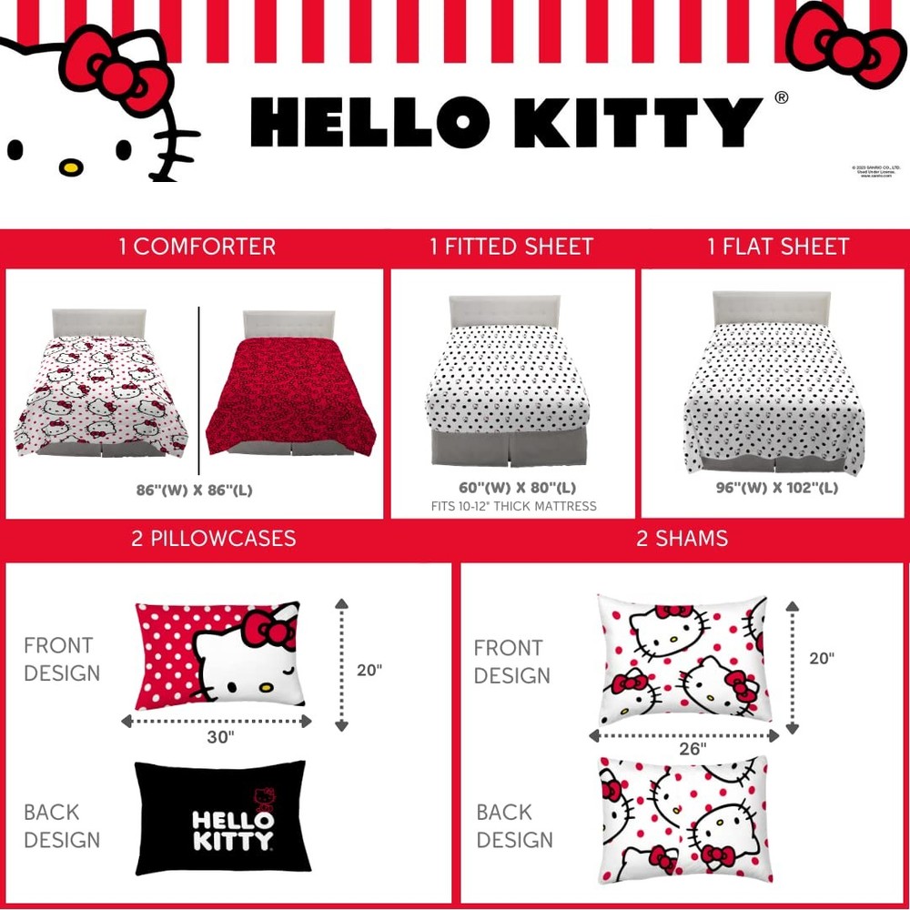 Hello Kitty 7 Piece Queen Size Bedding Set Microfiber Reversible Comforter