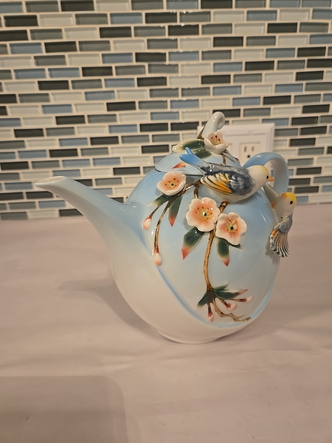 Pier 1 Imports Hand Painted Porcelain 3D Decorative Teapot Birds Flowers 7”