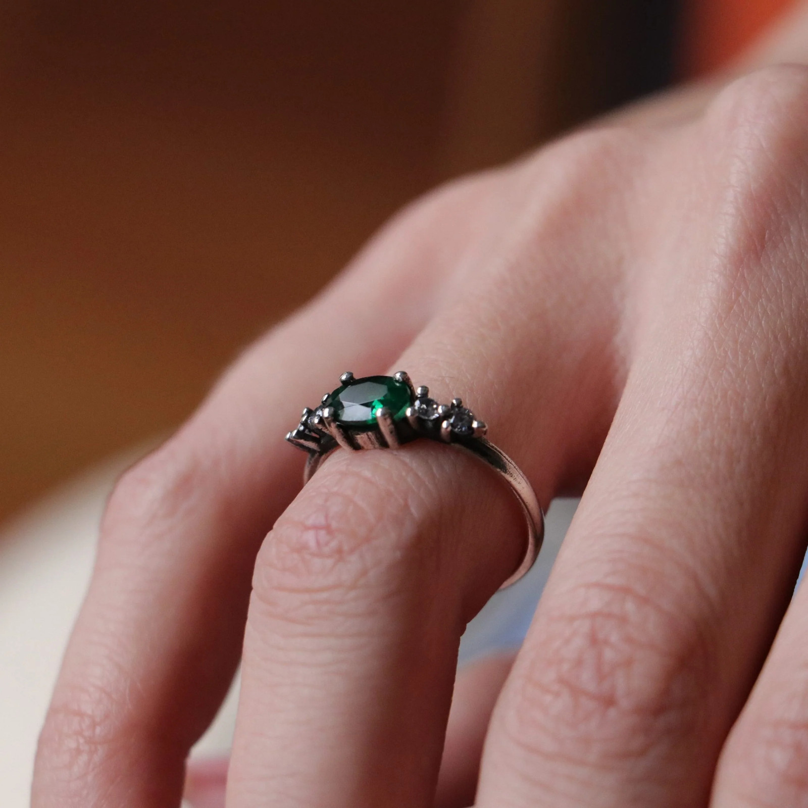 925 Silver Emerald and Moissanite Ring