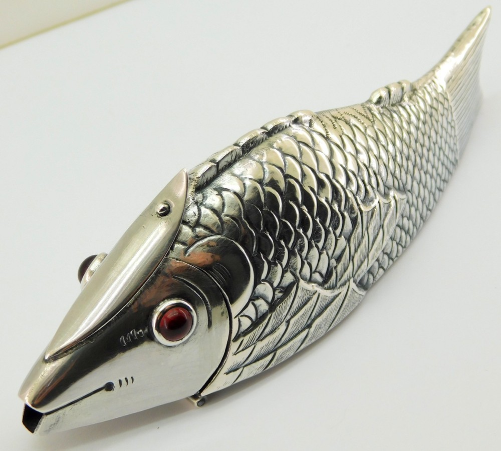 Antique Solid Silver Fish Shaped Spice Box.