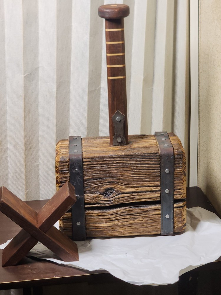 Thor's Hammer, Medieval Viking Solid Oak Head Walnut Handle With Display Stand