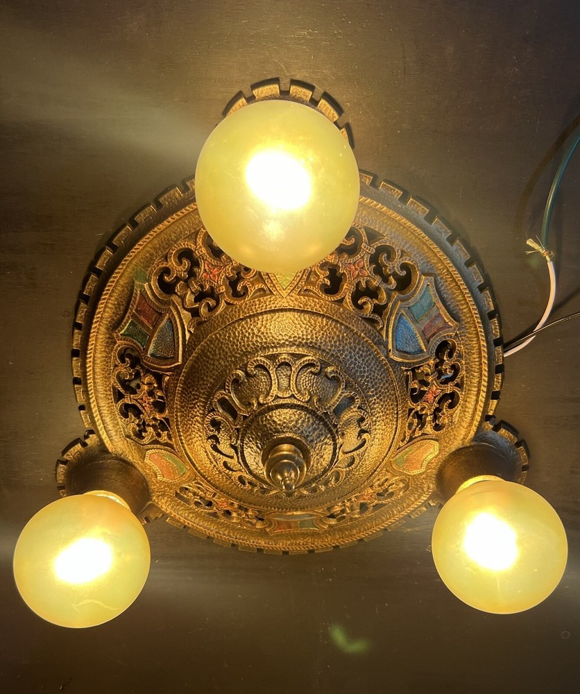 Antique polychrome three bulb flush mount ceiling fixture 33B