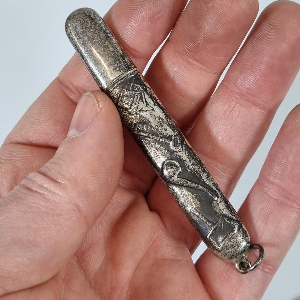 Antique Solid Silver Needle Case Decorated Pipe Key Cards Marked Sterling