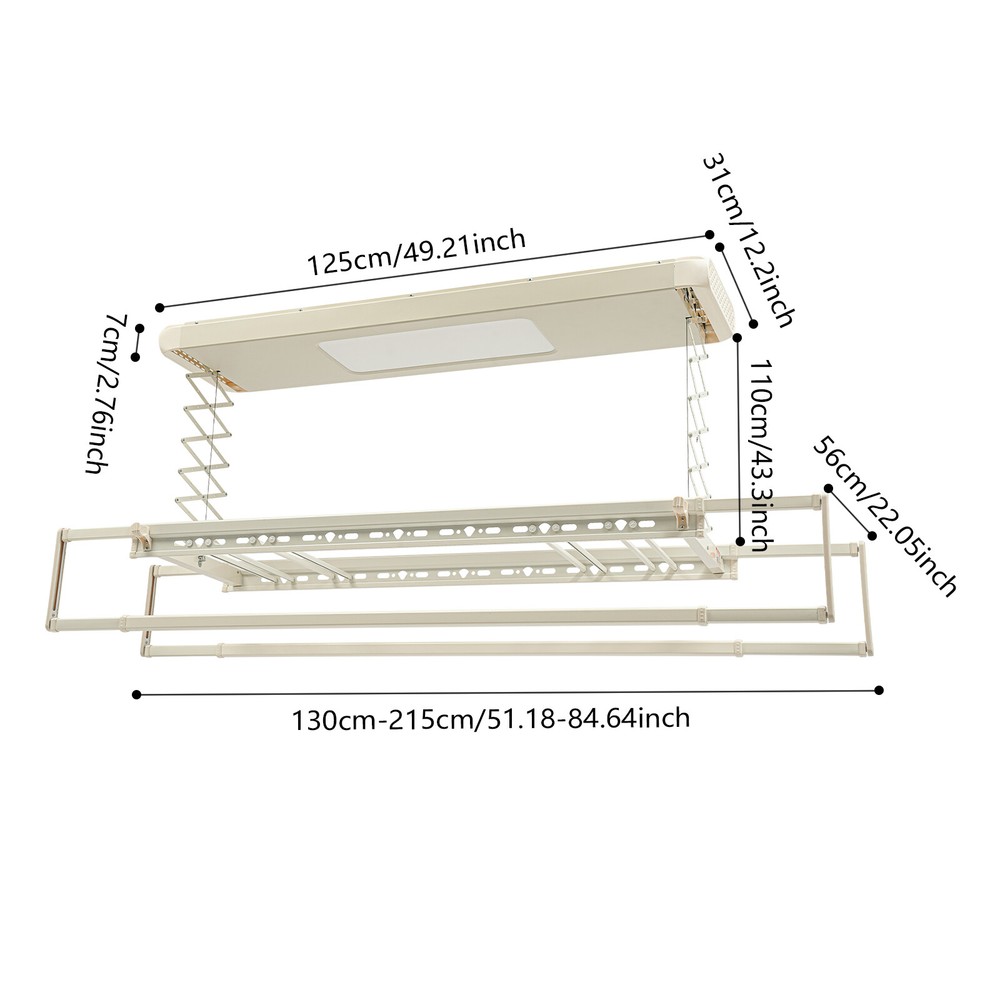 8 Rods Ceiling-mounted Clothesline, Resealable Vertical Drying Rack Led Light US