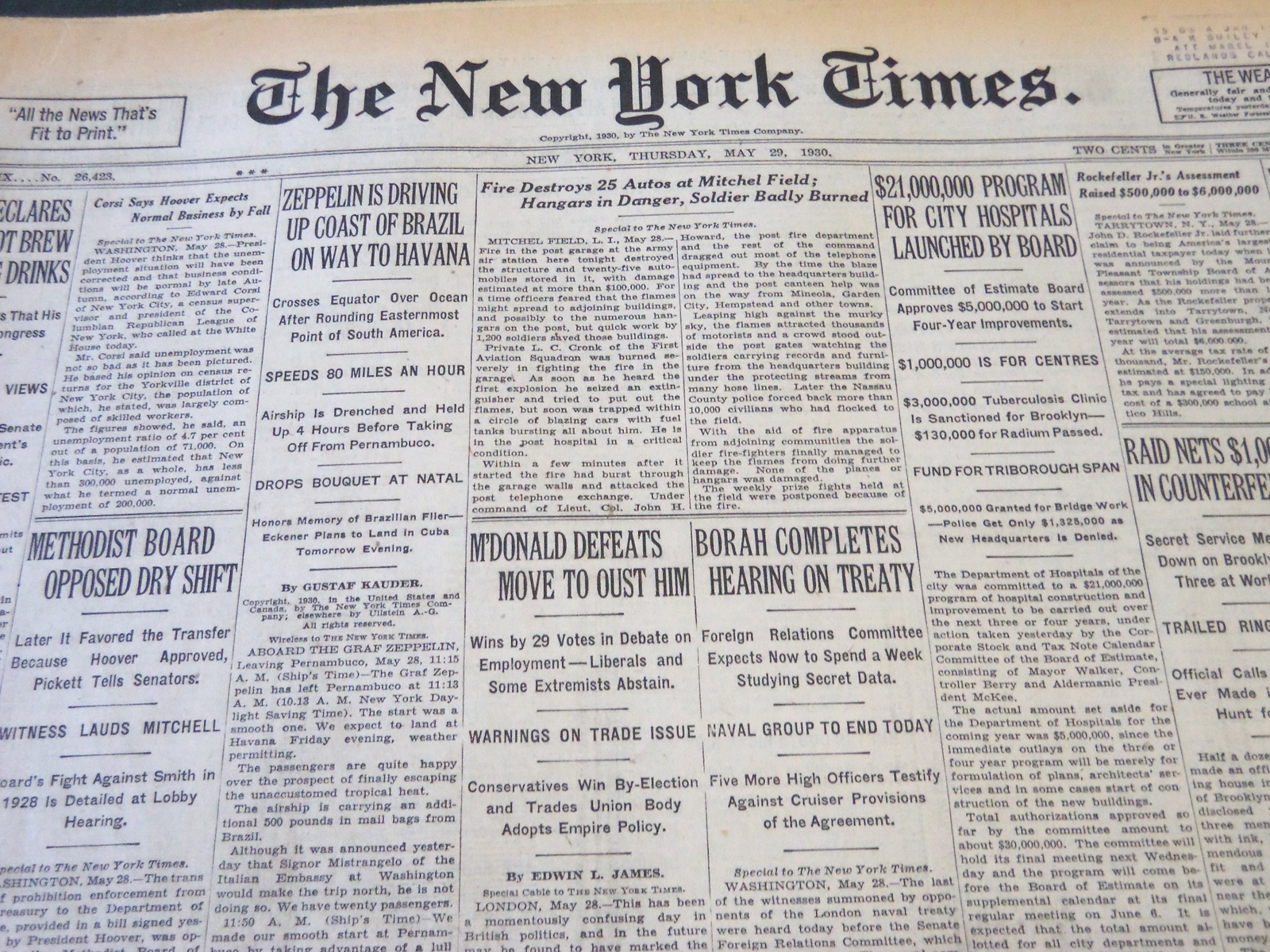1930 MAY 29 NEW YORK TIMES - BORAH COMPLETES HEARING ON TREATY - NT 5653