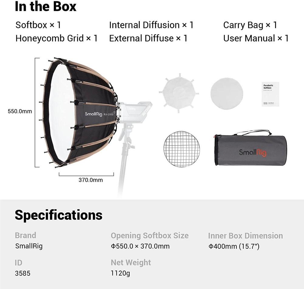 SmallRig Parabolic Softbox Quick Release, RA-D55 55cm/21.6inch Deep Softbox