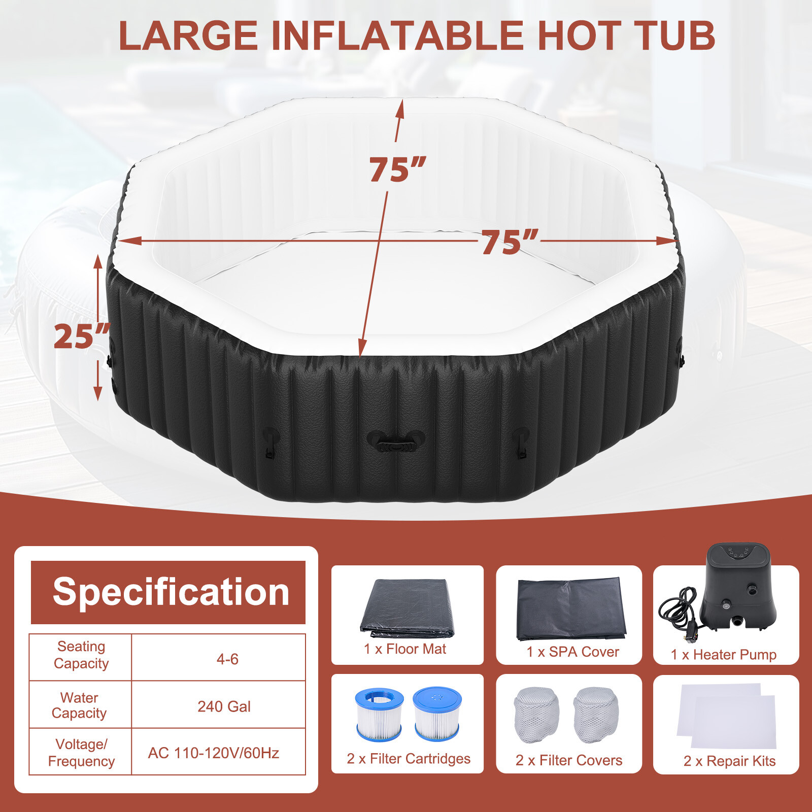 SLSY Octagon 6 Person Inflatable Hot Tub Spa with 130AirJets and Insulated Cover