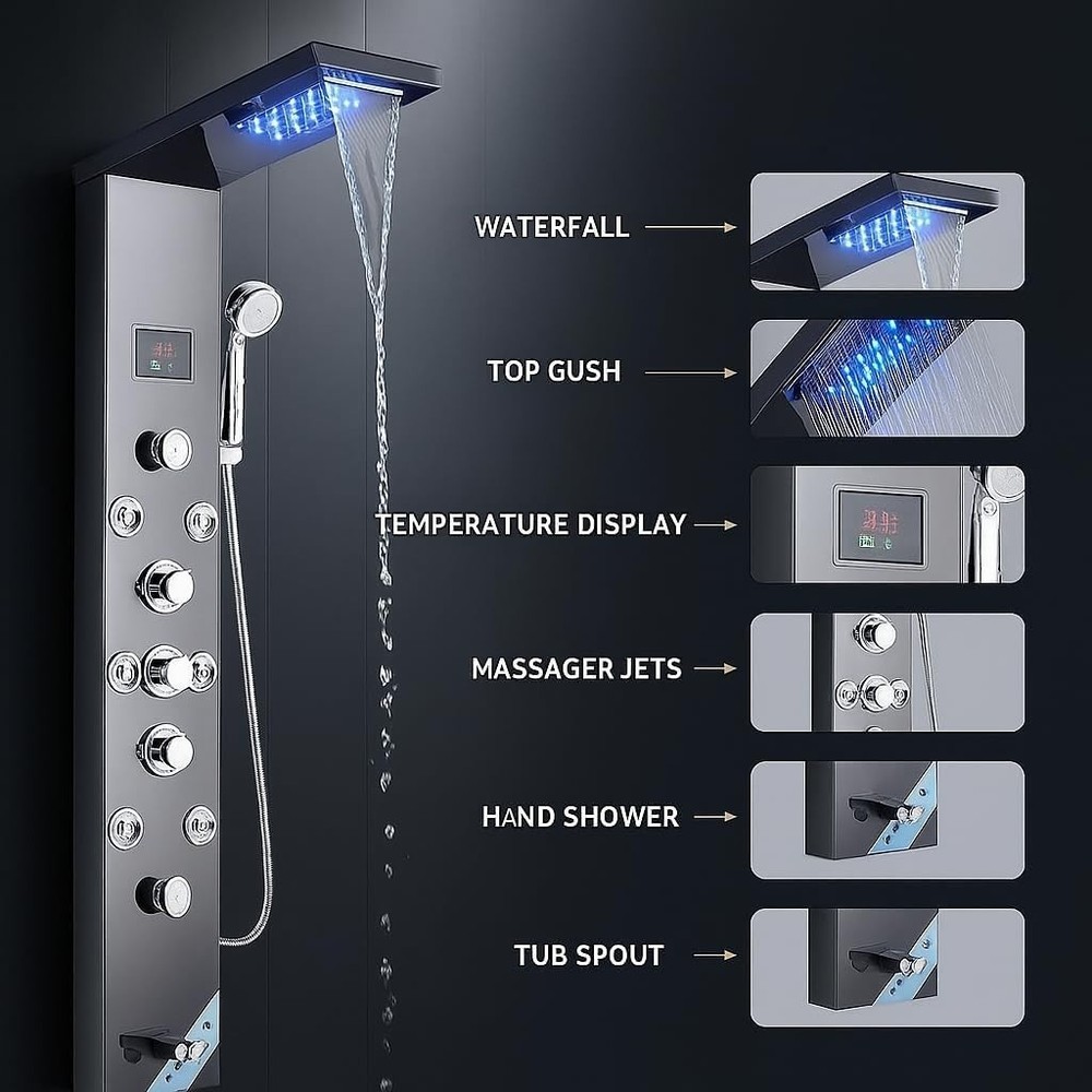 ZeeCry Thermostatic Shower Panel SS304 Tower System With Rainfall 8 Body Jets