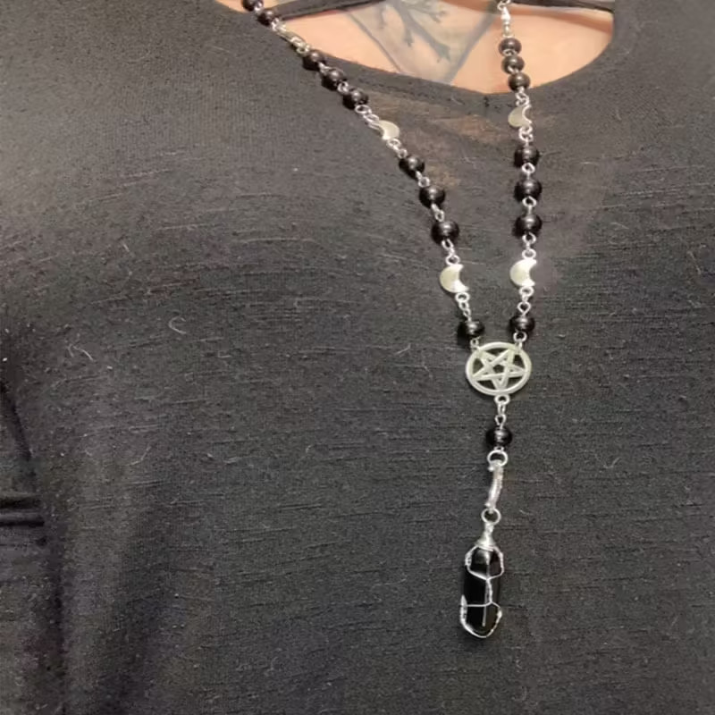 Gothic Rosary Pagan Prayer Beads Moon Black Onyx Stone Pentagram Necklace