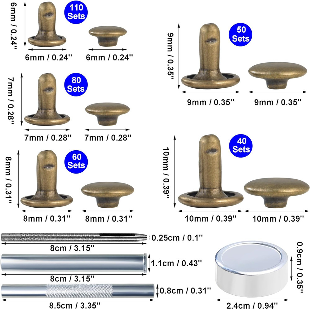 340 Sets Leather Rivets Kit Mixed Sizes Rivets for Leather Double Cap Rivets Stu
