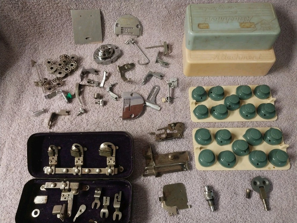 Vintage Sewing Machine Assorted Feet, Assorted Attachments, Bobbins, & Cases