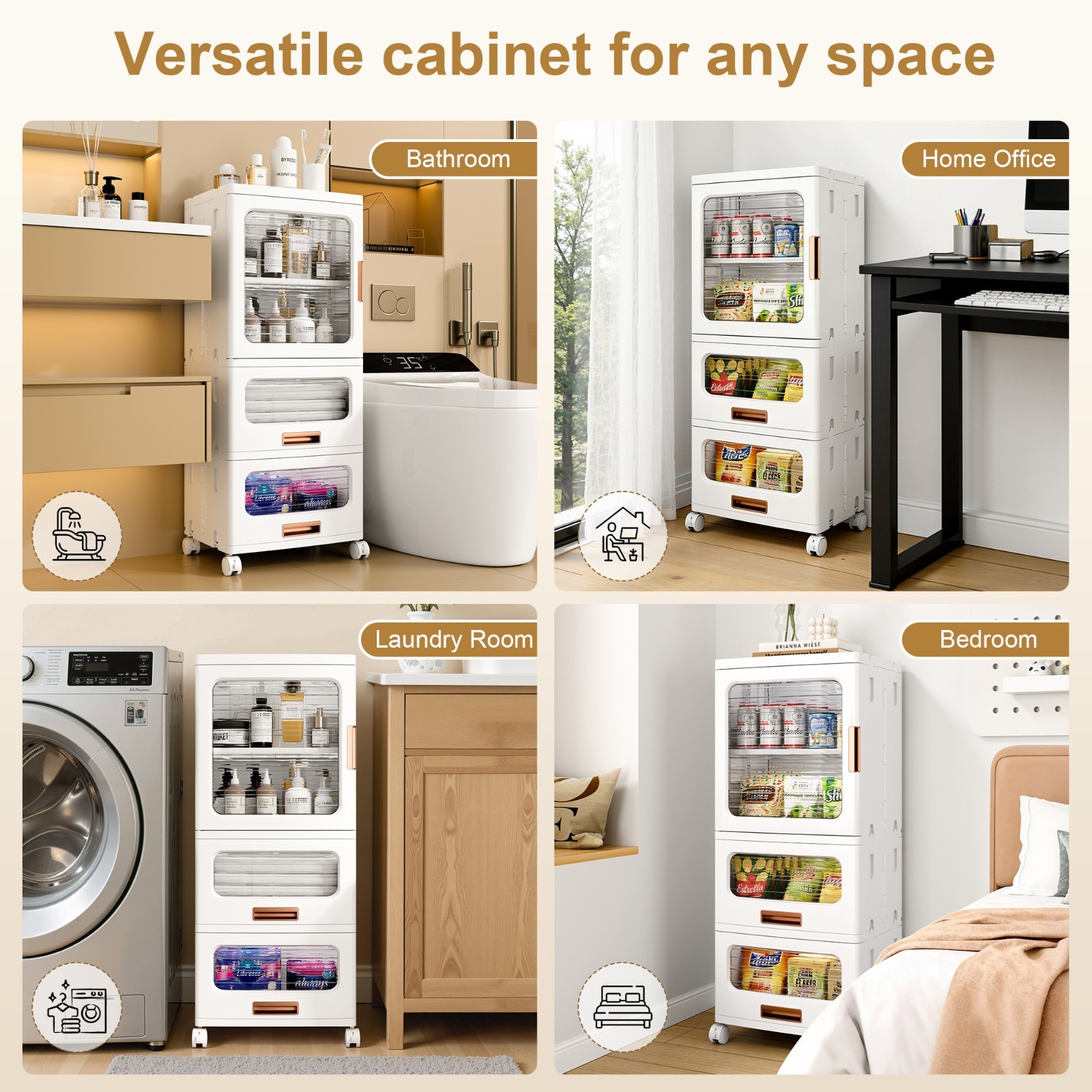 Multi Height Slim Storage Cabinet with Wheels Stackable Foldable Clear Door