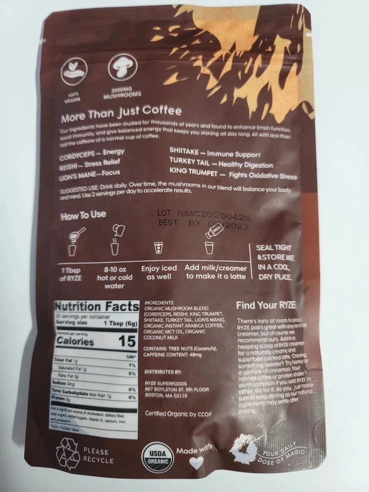 (Pack of 2) Organic RYSE Mushroom Coffee * 30 Servings Per Pack -Free Shipping