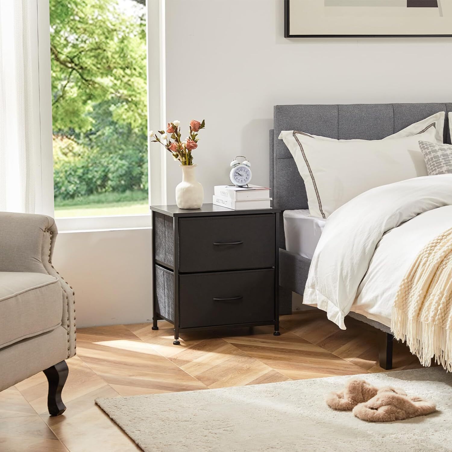 Nightstand with 2 Fabric Drawers Small Dresser Bedroom Living Room Furniture