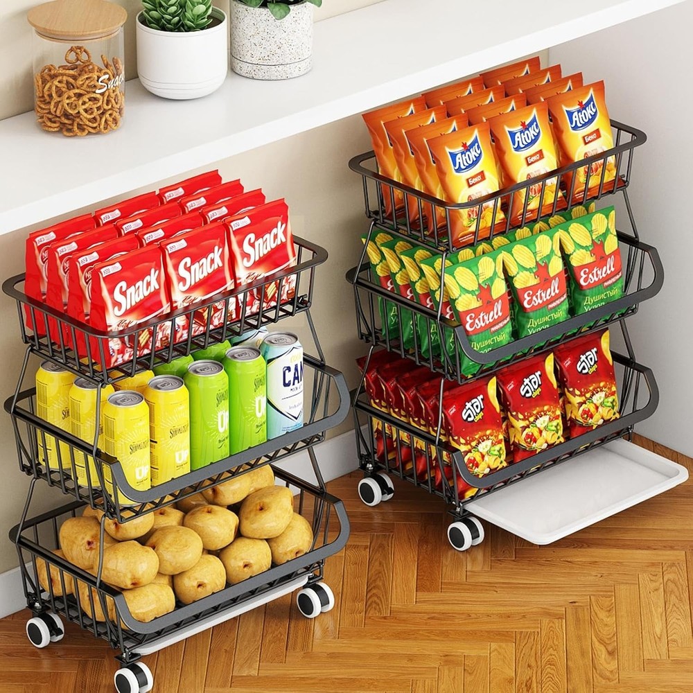 3-Tier Rolling Pantry Cart with Wheels, Stackable Wire Storage Floor Organize...