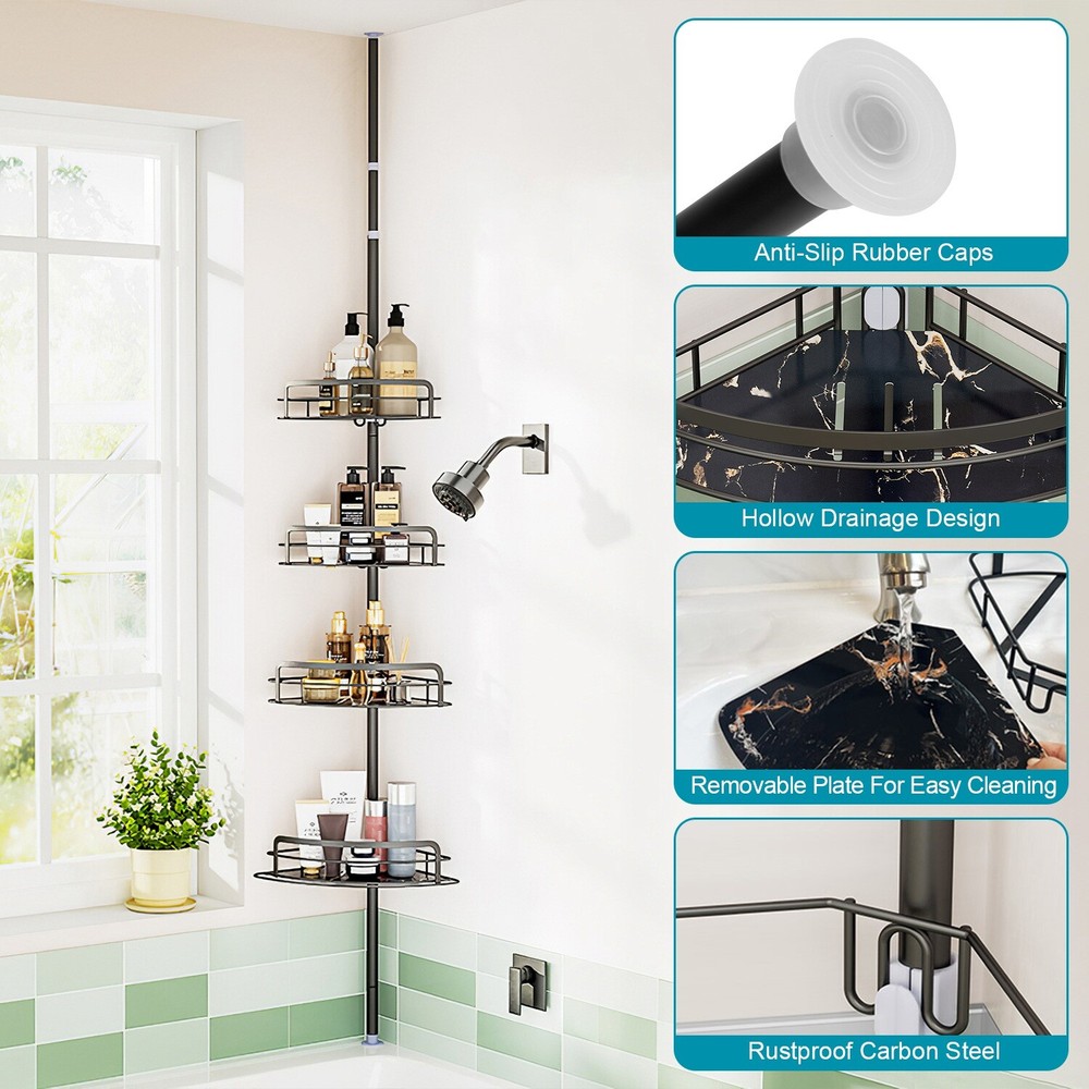 Adjustable Corner Shower Caddy with 4 Shelves & Hooks Tension Pole Organizer