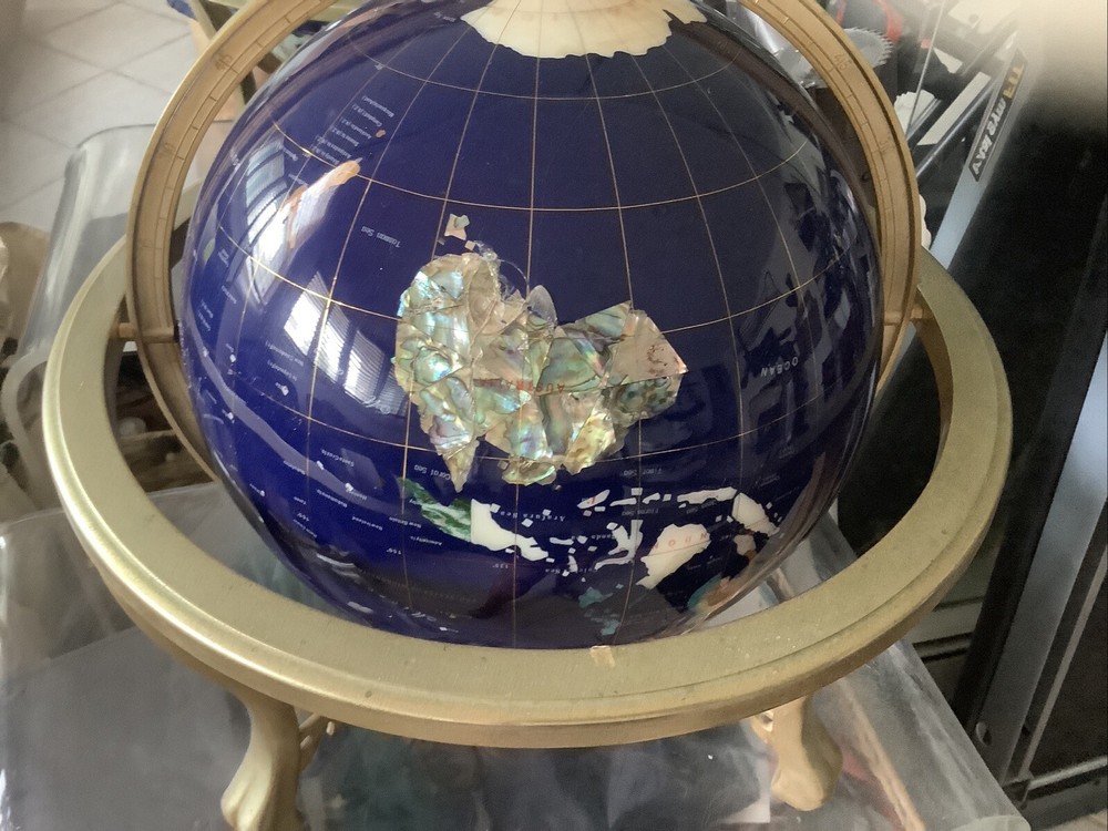 13" Semi-precious Stone Globe w/ Brass Stand & Compass
