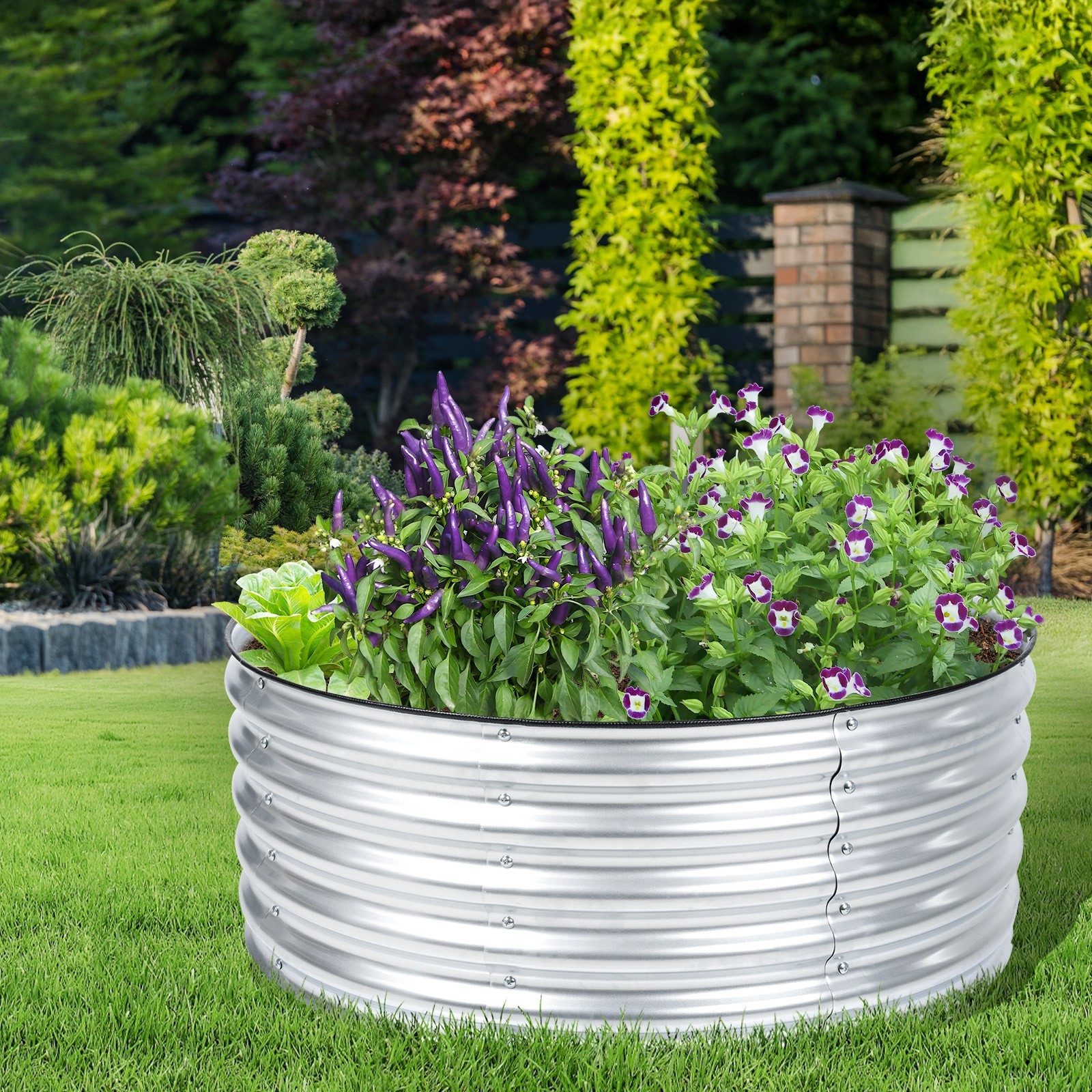 Aoodor 17" Tall 42" Round Metal Raised Garden Bed Kit Outdoor Planter Box Silver