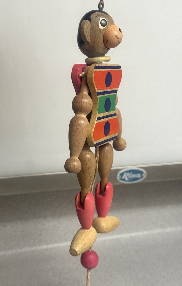Wooden Monkey Pull String Puppet/Jumping Jack Vintage Toy Made In Austria