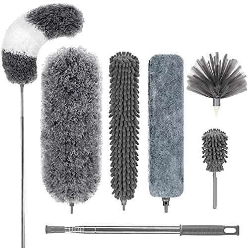 7 PCS Microfiber Feather Duster Set, Washable Bendable Cobweb Cleaner with 100"