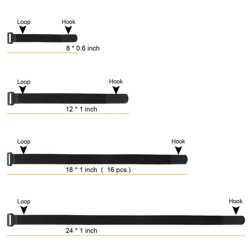16 Pack 18in Nylon Hook & Loop Reusable Durable Cable Ties Cord Organizer
