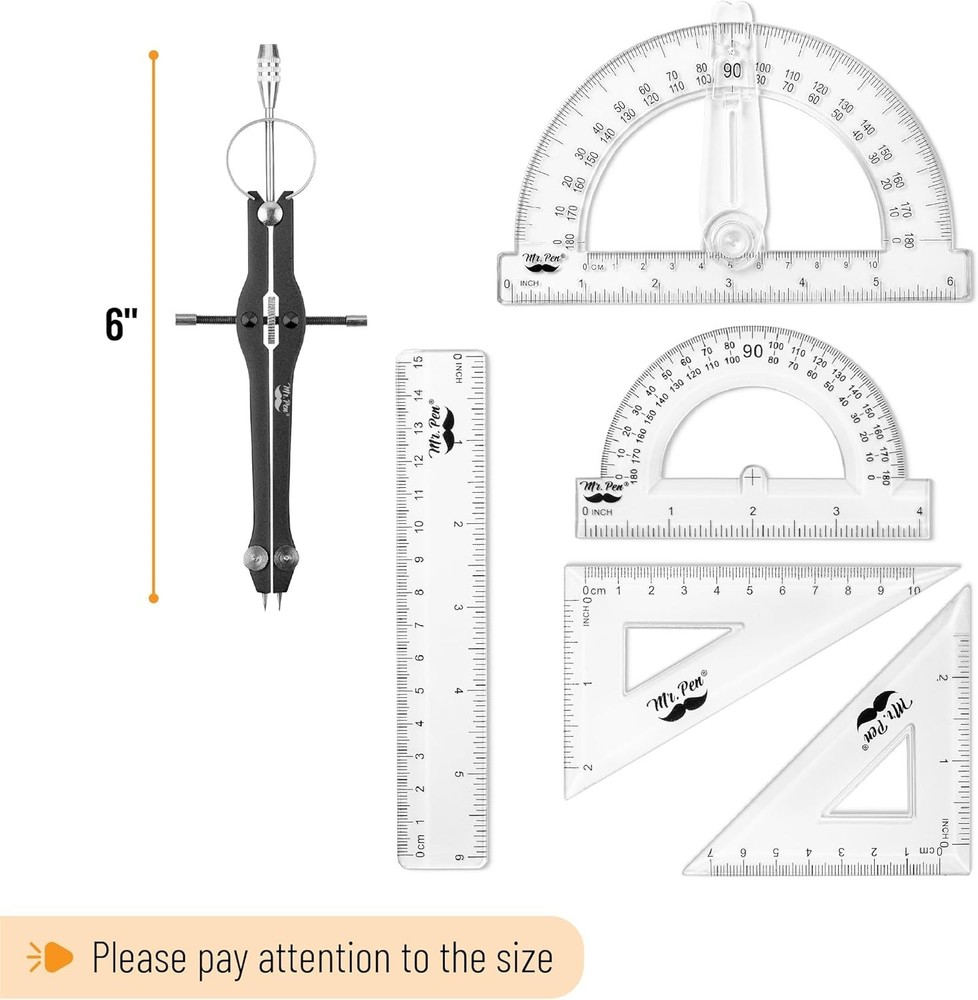 Geometry Set, 15 pcs, Black, 6 Inch Swing Arm Protractor, Divider, Set Square...
