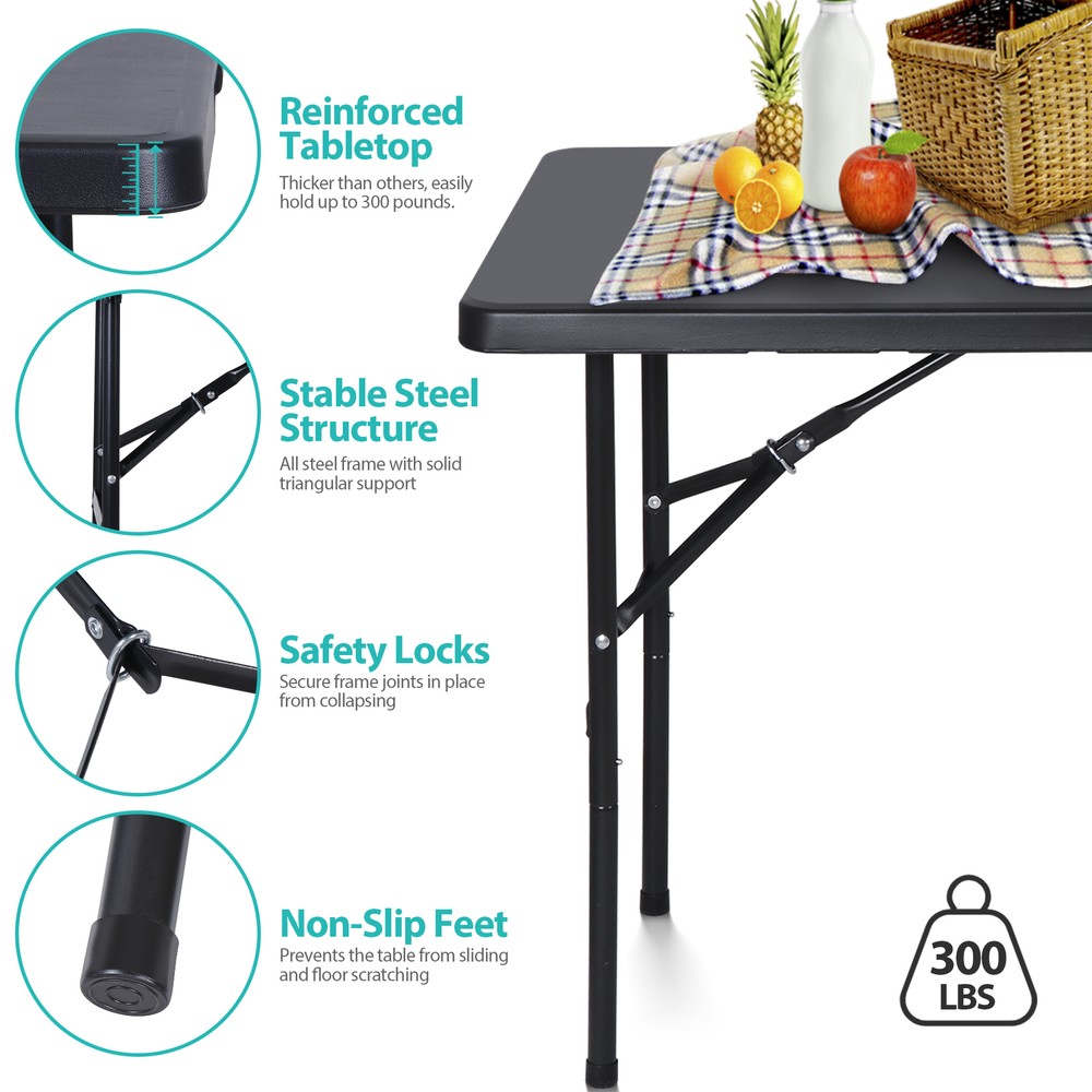 Folding Table 4FT Plastic Fold-in-Half Utility Dining Table for Camping Picnic