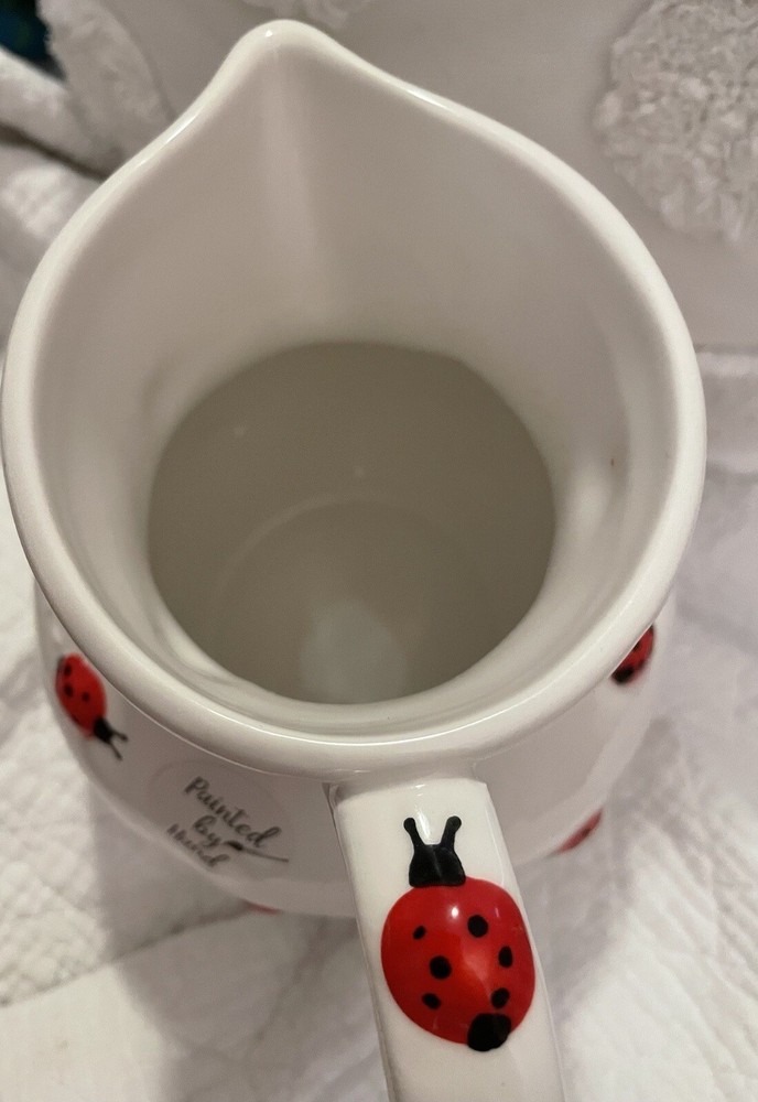 LANG By Design Hand Painted Ceramic Red Ladybugs On White Medium Size Pitcher