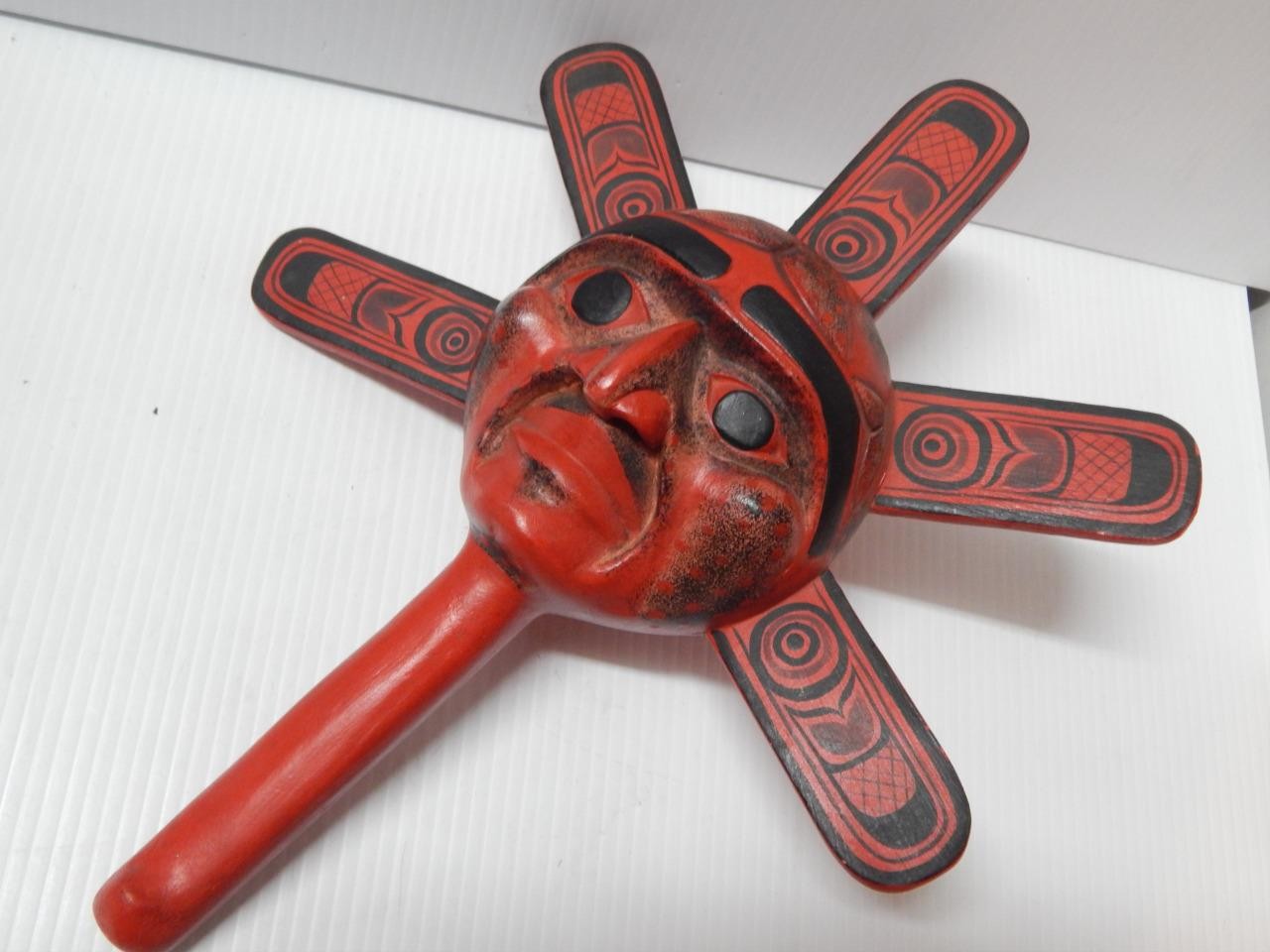 NW COAST HAND CARVED SUN MASK -RATTLE - NICE DETAILS - FINE + NICE