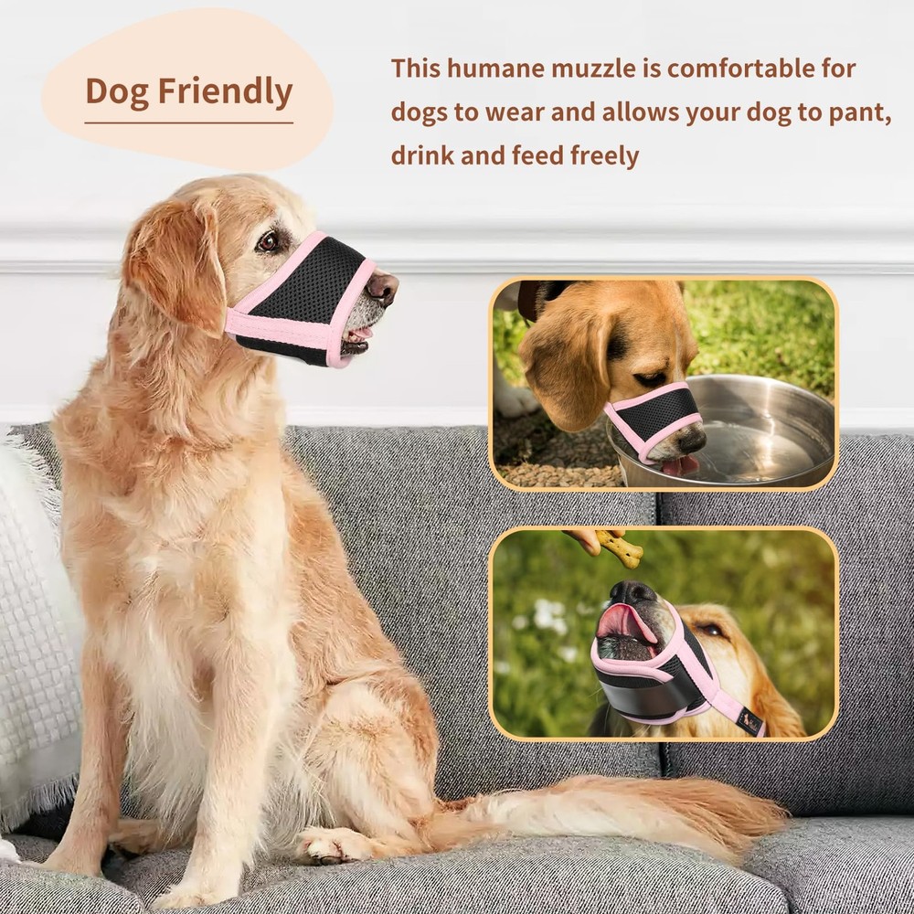 Nylon Dog Muzzle Soft Mesh Breathable Anti Bite Bark Pink Large Adjustable