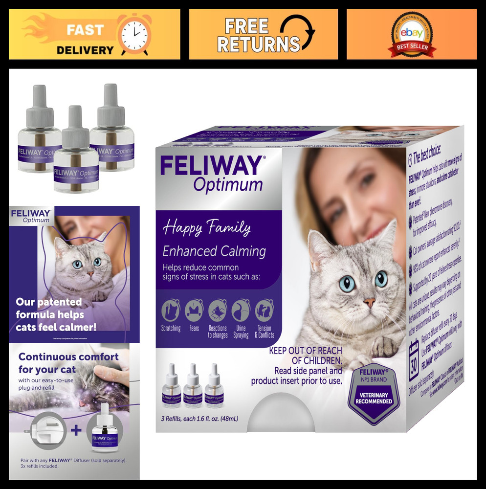 3 x 30-Day Cat Calming Pheromone Diffuser Refills - Stress Relief for Cats & Kit