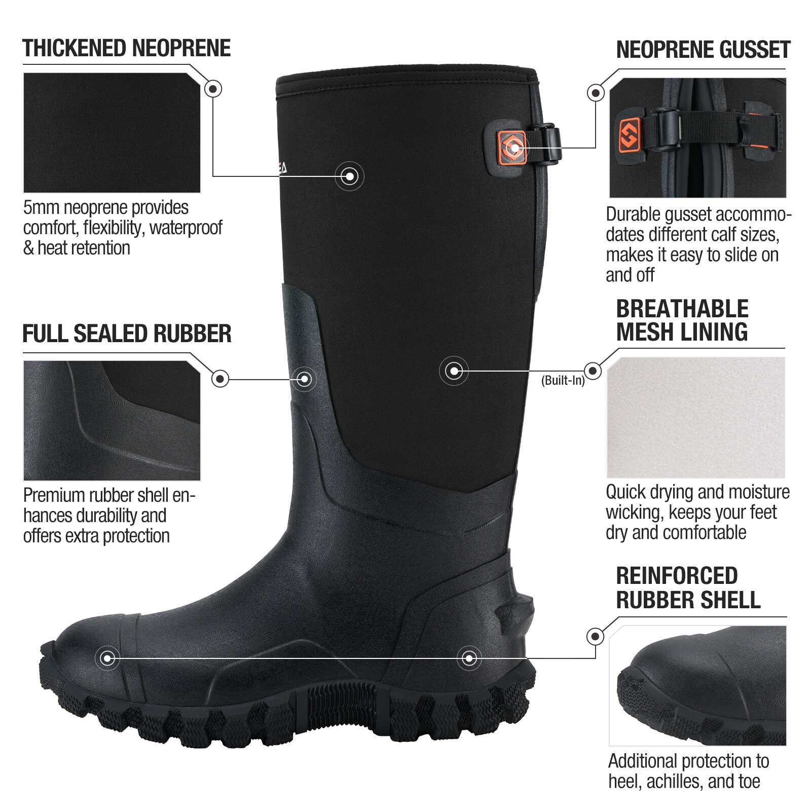 HISEA Men's Rain Boots Waterproof Insulated Fishing Hunting Farm Mud Work Boots