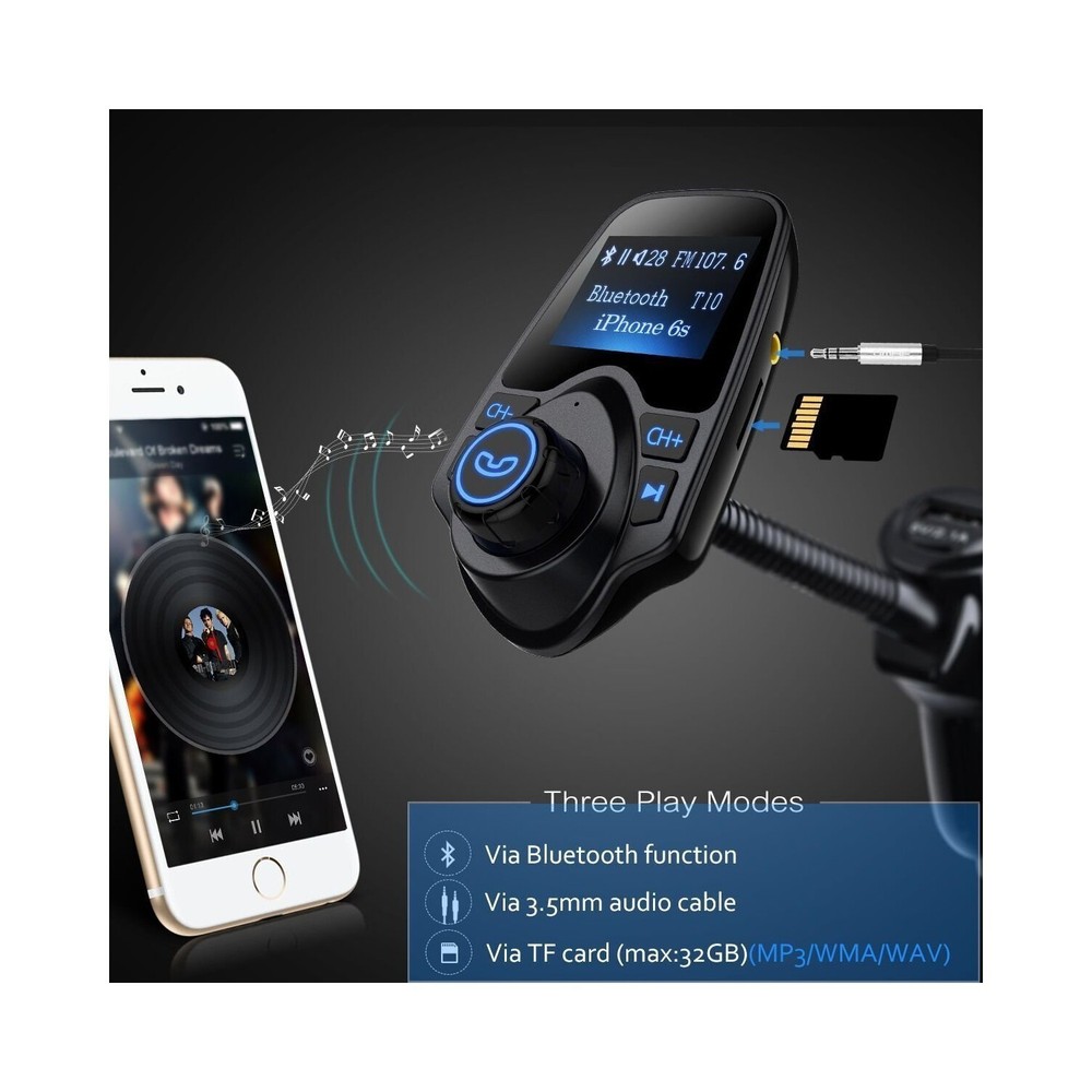 Bluetooth Radio Adapter, FM Transmitter Car Kit with Built-in HD Mic USB Port