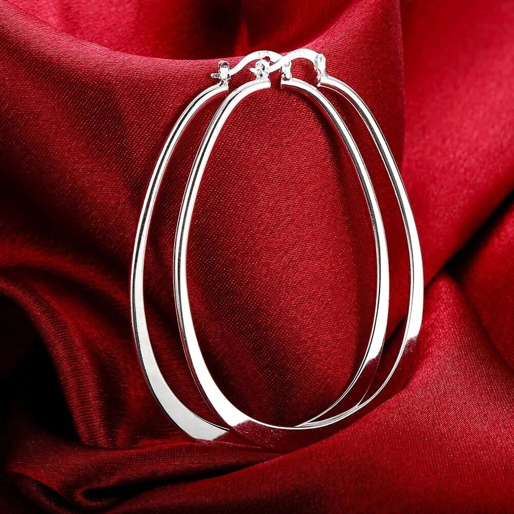 2x Womens 925 Sterling Solid Silver Elegant Oval Shaped Extra Large Hoop Earring
