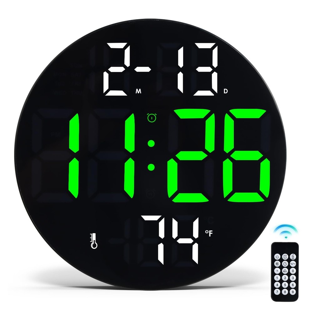Digital Wall Clock with Large LED Display, 5-Brightness, Temperature, Low-Ref...