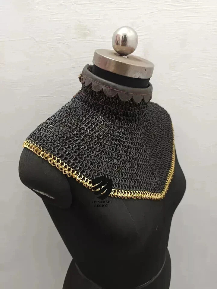 Chainmail Collar Flat Ring Riveted With Brass Trim Medieval Gorget SCA LARP