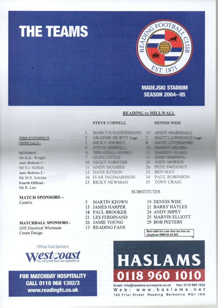 Team Sheet - Reading v Millwall 2004-05