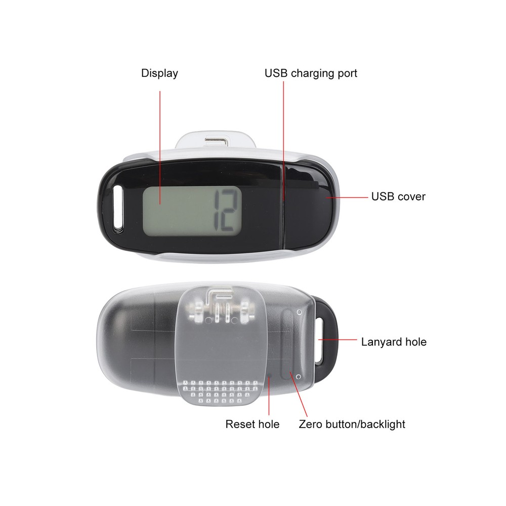 (Black)Step Counter Large LCD Screen USB Rechargeable Accurate Portable AN