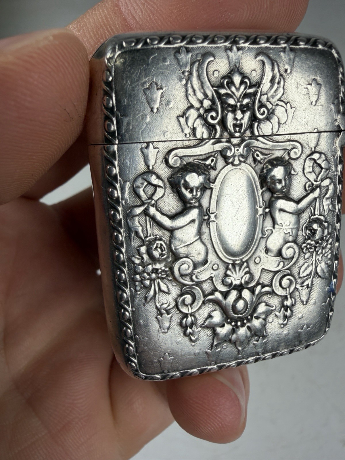 Antique Victorian Sterling Silver Repoussé Match Safe Vesta Case Late 1800s
