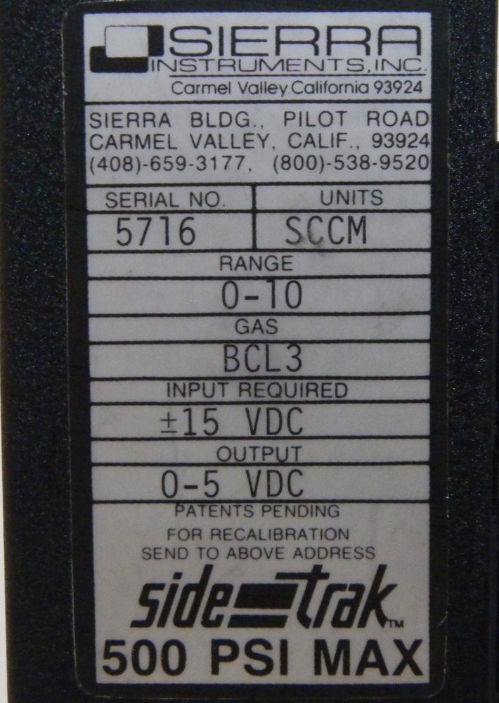 Sierra Instruments Sidetrak Mass Flow Controller, BCL3, 1-10 sccm, Used
