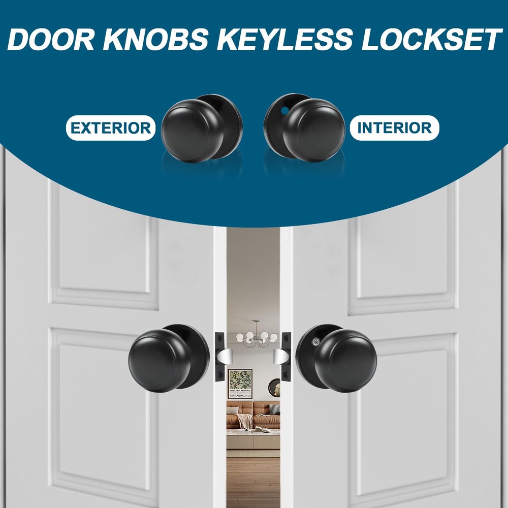 Passage Door Knobs, 4 Pack Matte Black Door Knobs, for Hallway & Closet Non-L...