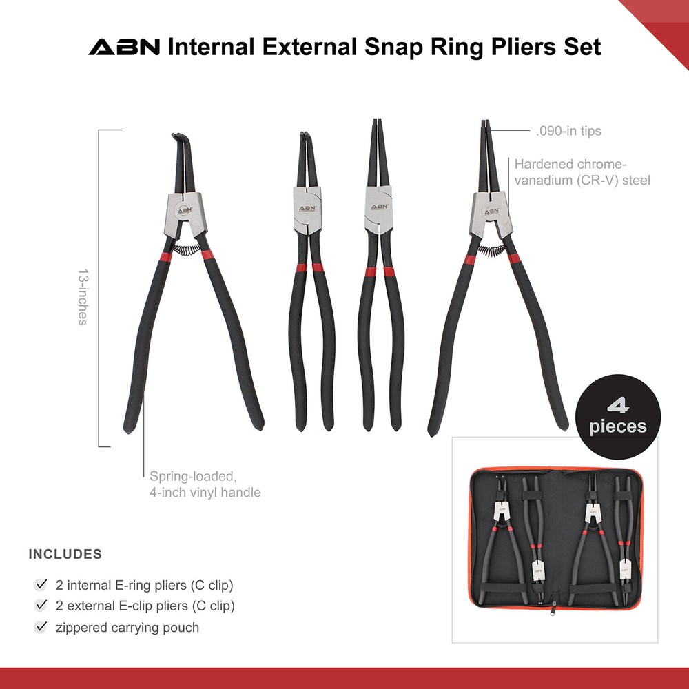 ABN Extra Long Snap Ring Pliers Set - 4pc Lock Ring Pliers with 4mm Tips